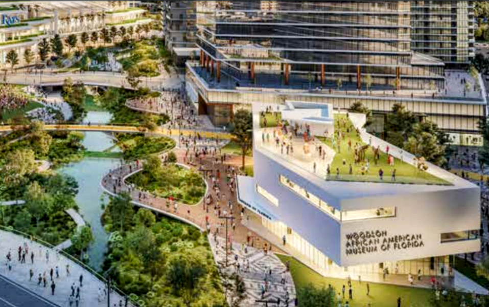 Tampa Bay Rays officials pledged $10 million toward a new Woodson African American Museum of Florida (bottom right) at the Tropicana Field redevelopment site. Screengrab.